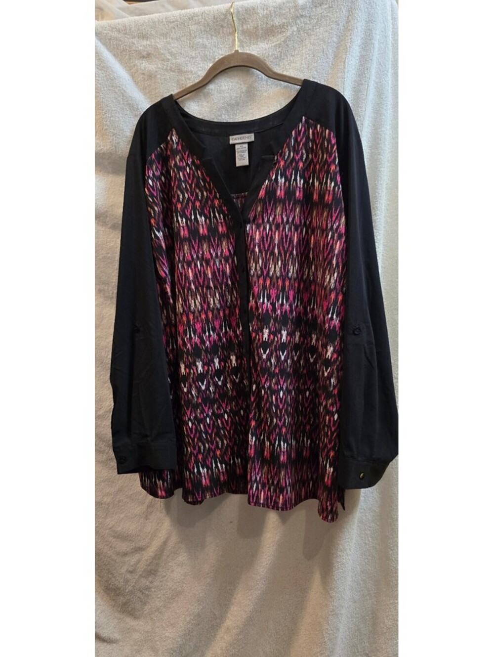 Catherines Black and Pink Printed Long Sleeve Blouse